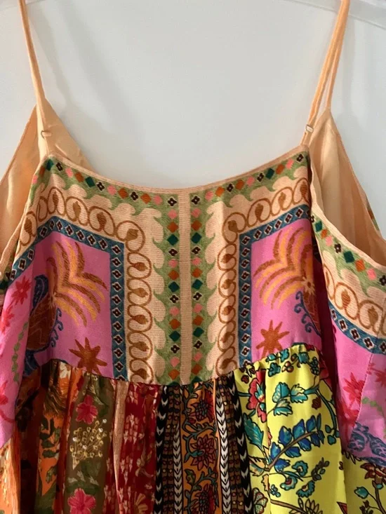 🩷💫FARM RIO DRESS💚✨🩵 Multicolor Patchwork Midi Dress with Spaghetti Straps💛 - Picture 10 of 12